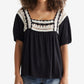 Lucky Brand Women's Crochet Square Neck Cotton Knit Top Black Size Small