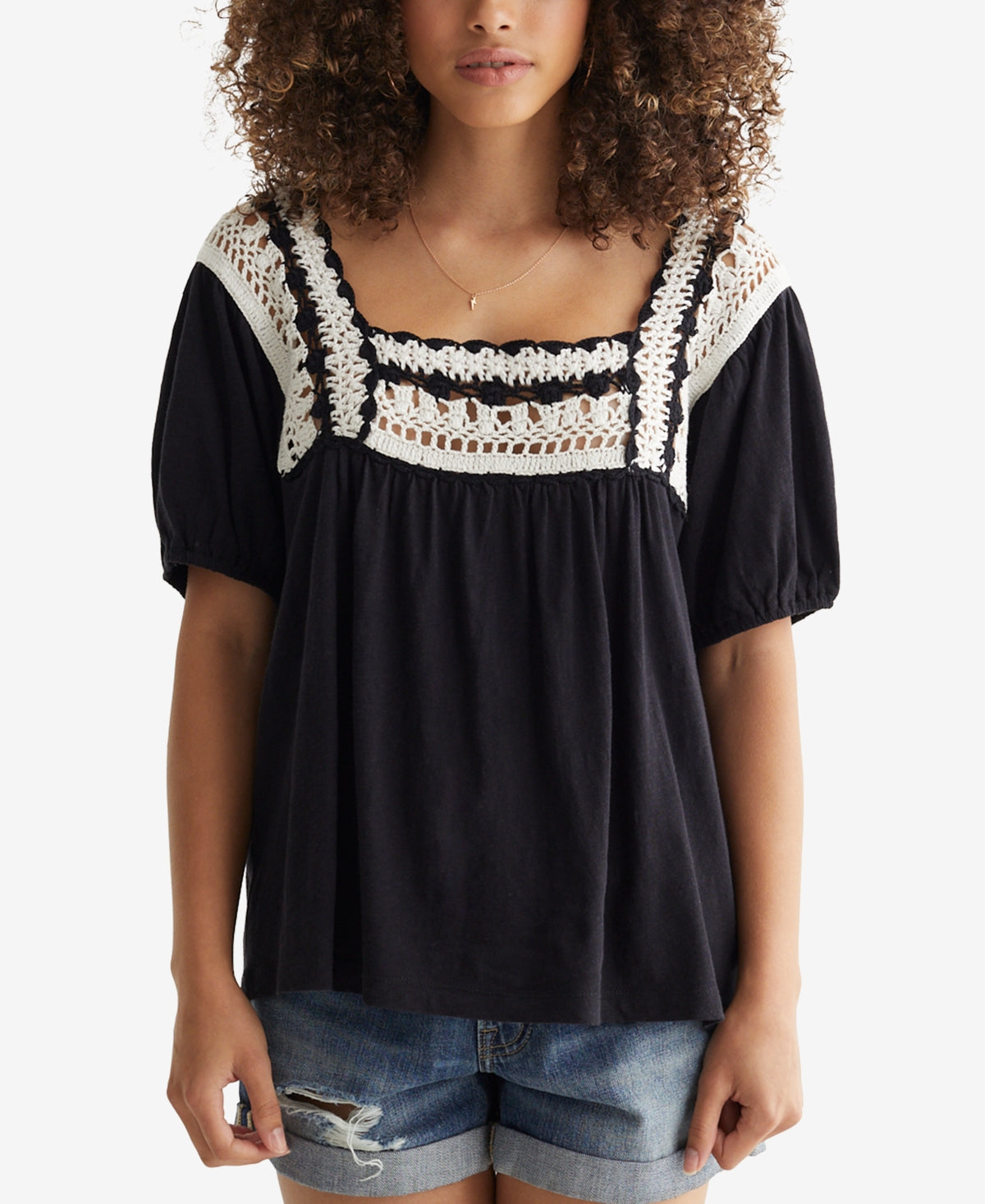 Lucky Brand Women's Crochet Square Neck Cotton Knit Top Black Size Small