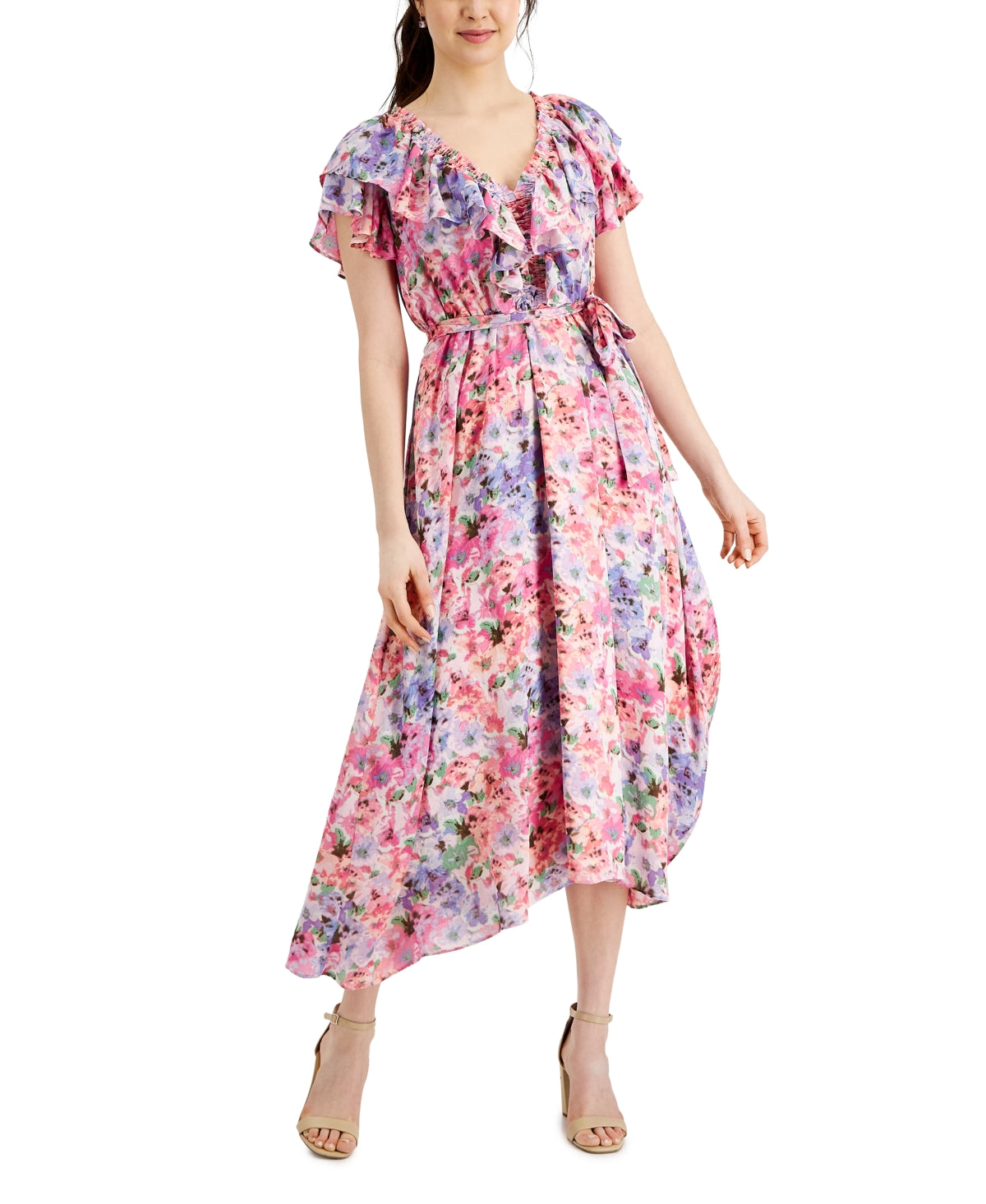 Taylor Women's Ruffled Floral Print Chiffon A Line Dress Pink Size 4