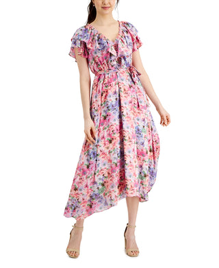 Taylor Women's Ruffled Floral Print Chiffon A Line Dress Pink Size 4