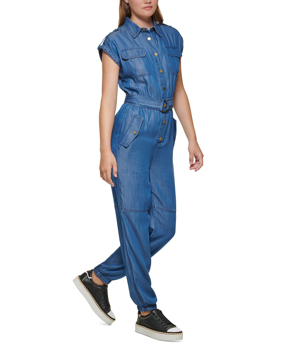 Karl Lagerfeld Paris Women's Belted Utility Jumpsuit Blue Size 10