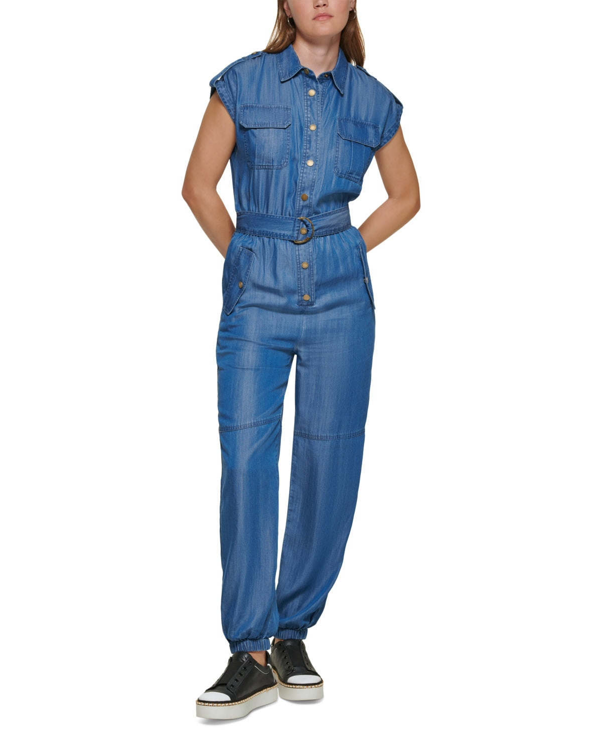Karl Lagerfeld Paris Women's Belted Utility Jumpsuit Blue Size 8