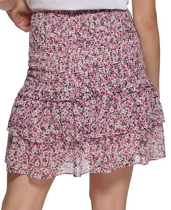 Karl Lagerfeld Paris Women's Printed Ruffle Tiered Skirt Pink Size Small