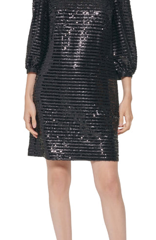 Karl Lagerfeld Paris Women's Sequined Puff Sleeve Sheath Dress Black Size 8