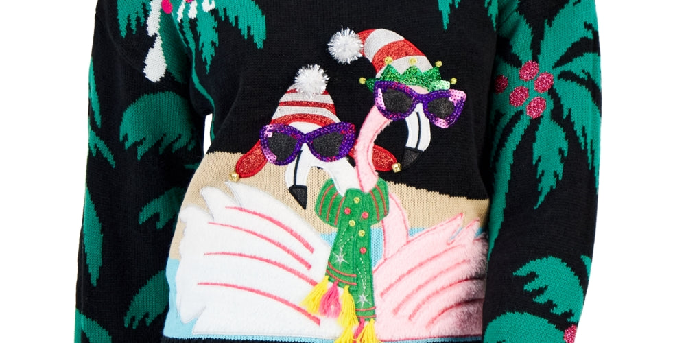 Hooked Up by IOT Junior's Sequined Embroidered Sweater Black Size Medium