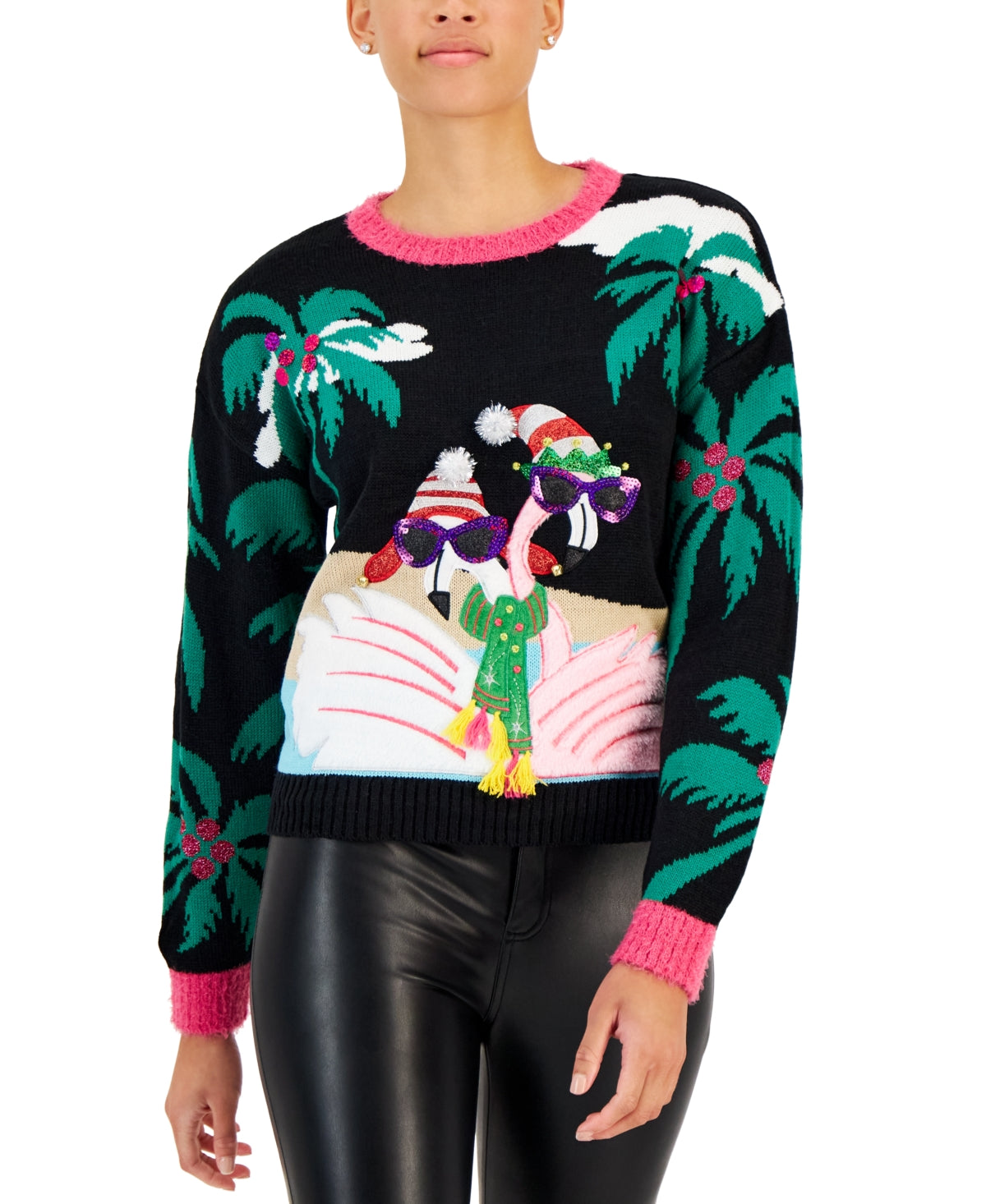 Hooked Up By IOT Junior's Sequined Embroidered Sweater Black Size Small