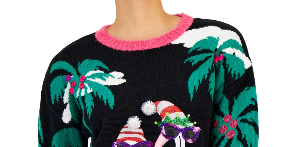 Hooked Up By IOT Junior's Sequined Embroidered Sweater Black Size Small