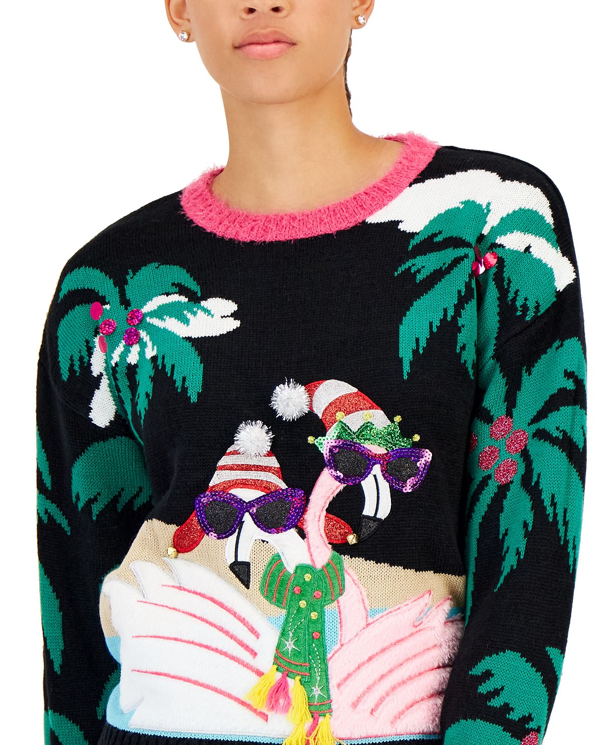 Hooked Up By IOT Junior's Sequined Embroidered Sweater Black Size X-Small