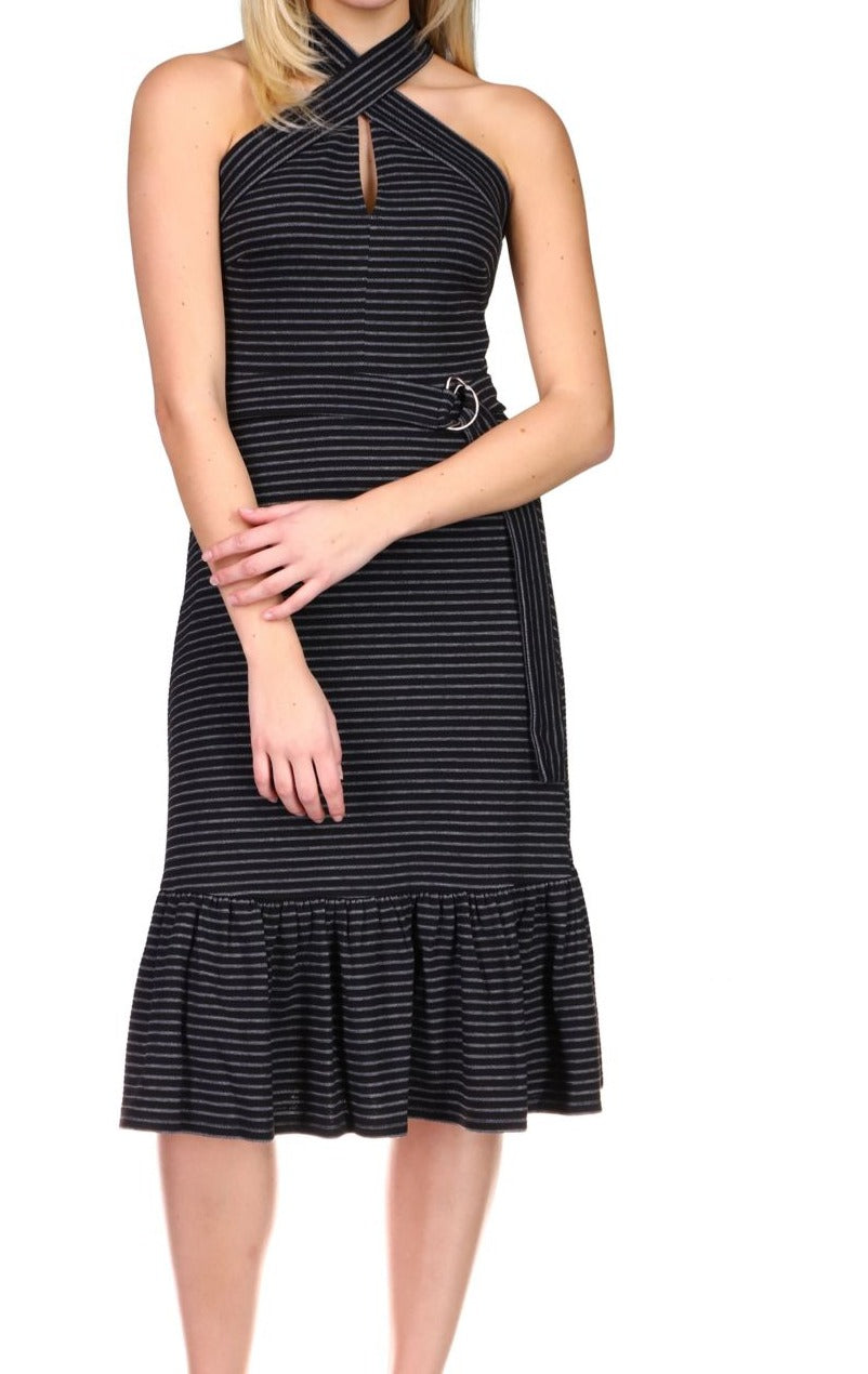 Michael Kors Women's Belted Striped Midi Dress Black Size Large