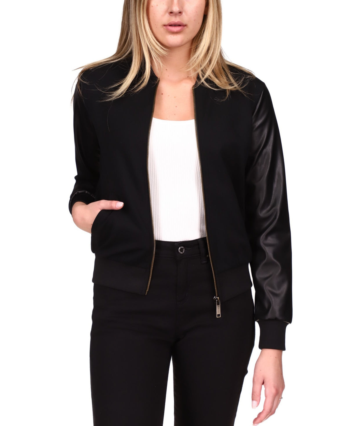 Michael Kors Women's Mixed Media Bomber Jacket Black Size Petite Medium