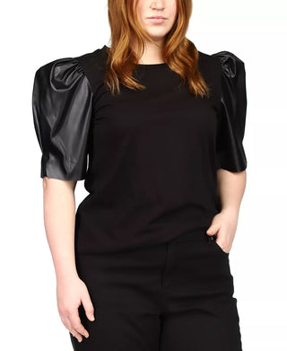 Michael Kors Women's Faux Leather Puff Sleeve Top Black Size 3X