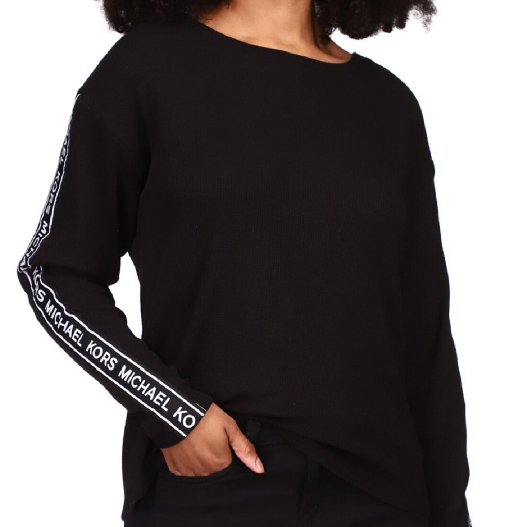 Michael Kors Women's Waffled Logo Tape Sleeve Top Black Size Petite X-Small