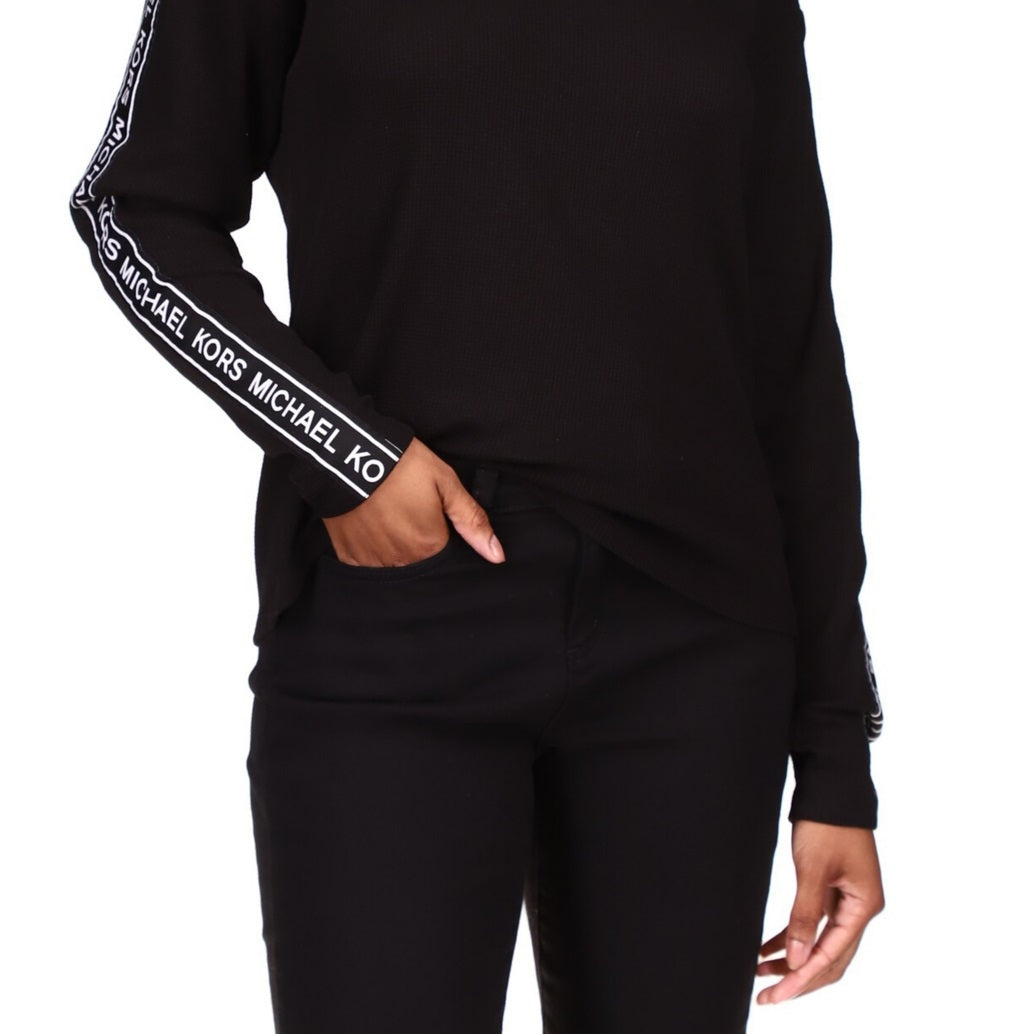 Michael Kors Women's Waffled Logo Tape Sleeve Top Black Size Petite X-Small