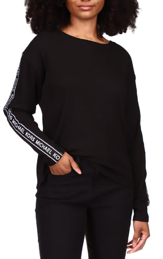 Michael Kors Women's Waffled Logo Tape Sleeve Top Black Size Petite Medium