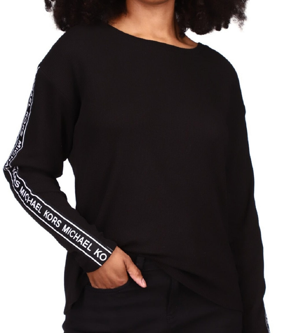 Michael Kors Women's Waffled Logo Tape Sleeve Top Black Size Petite Large