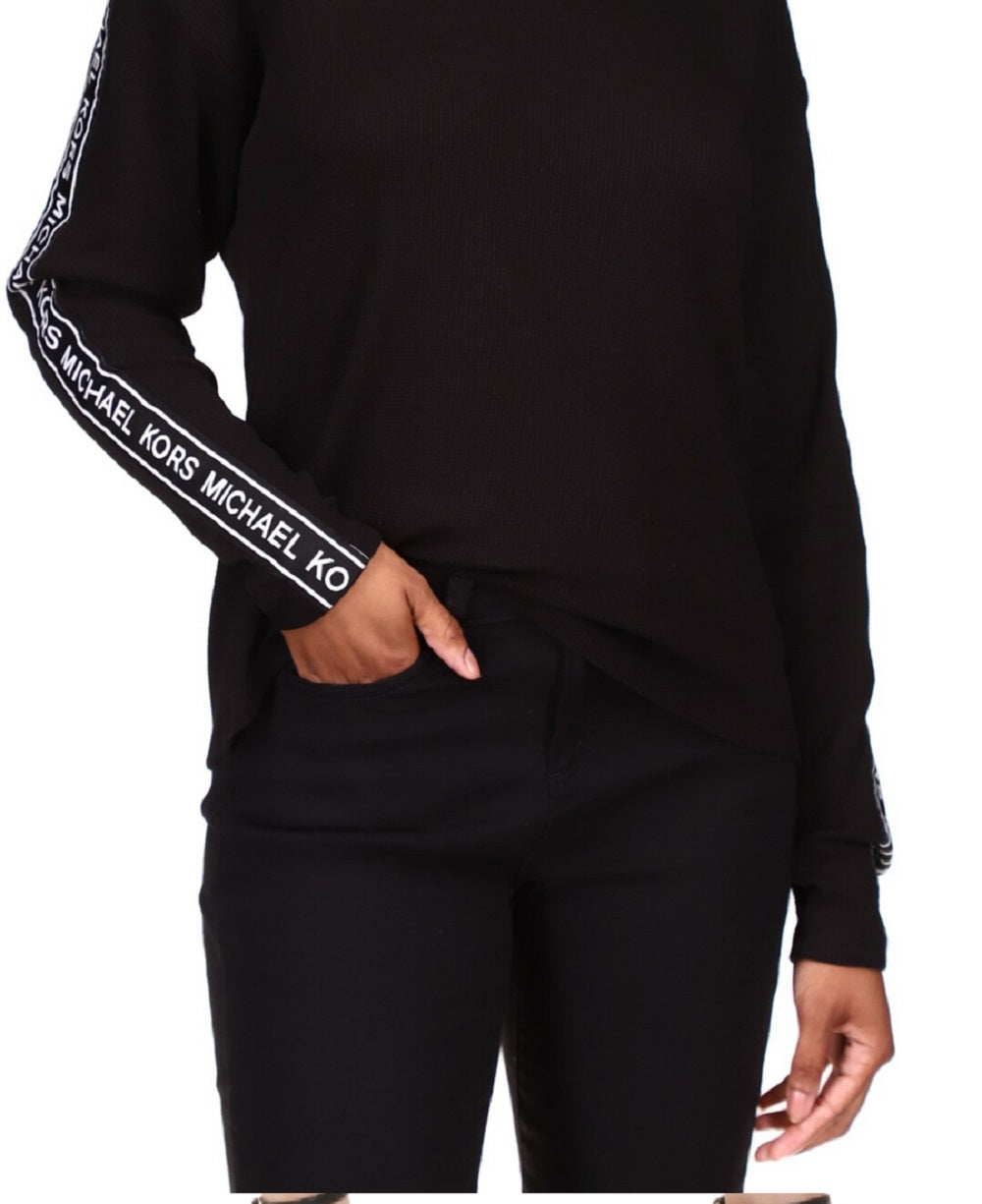 Michael Kors Women's Waffled Logo Tape Sleeve Top Black Size Petite Large