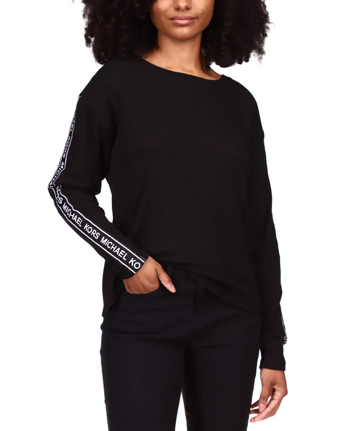 Michael Kors Women's Waffled Logo Tape Sleeve Top Black Size Petite Large