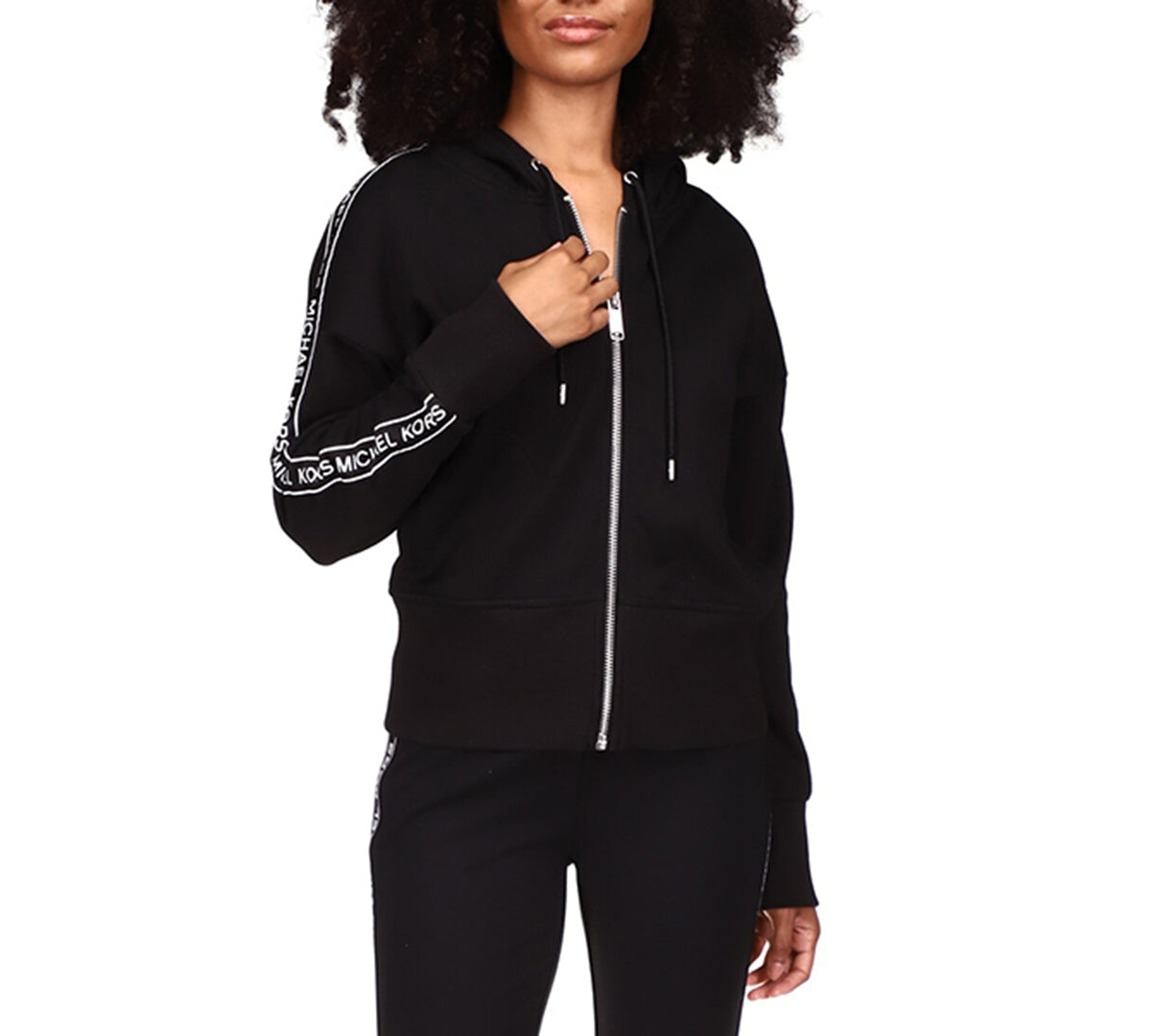 Michael Kors Women's Logo Stripe Zipper Hoodie Black Size Petite Medium