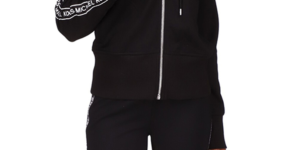 Michael Kors Women's Logo Stripe Zipper Hoodie Black Size Petite Medium
