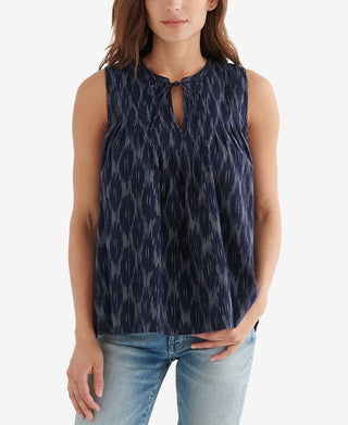 Lucky Brand Women's Cotton Printed Tie Neck Top Blazer Blue Size X-Small