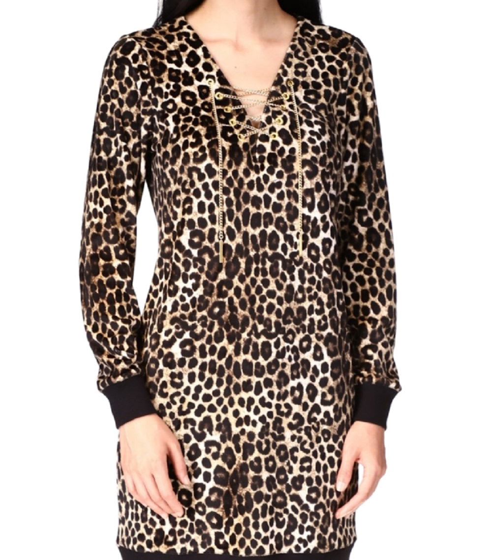 Michael Kors Women's Cheetah Print Velour Dress Brown Size Small