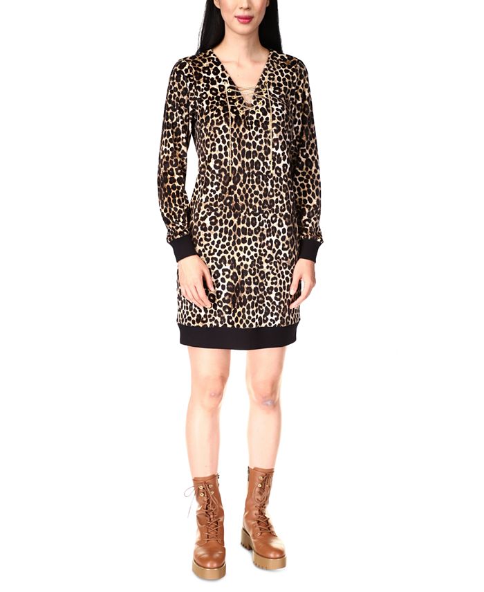 Michael Kors Women's Cheetah Print Velour Dress Brown Size Medium