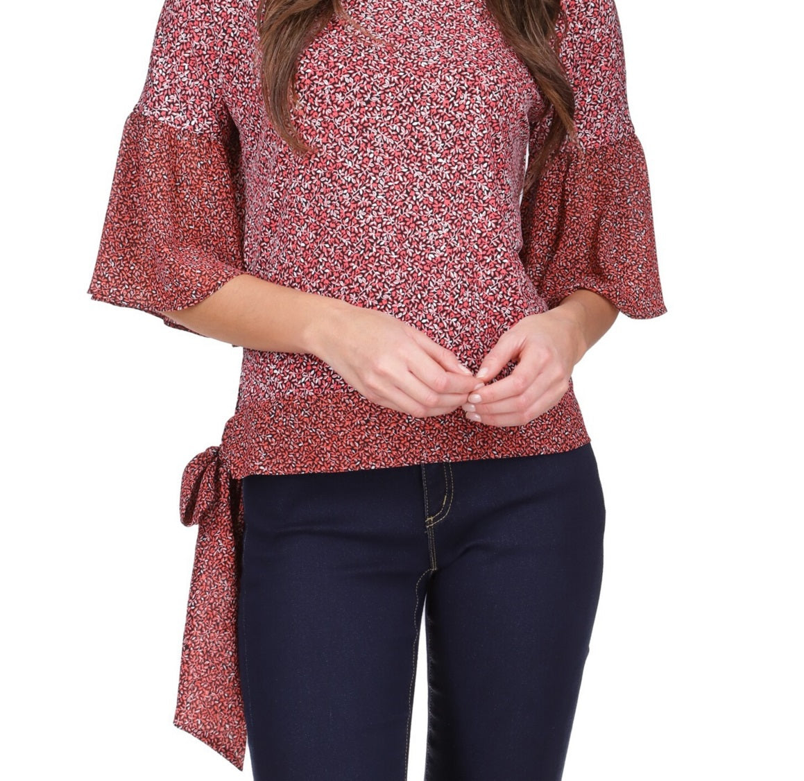 Michael Kors Women's Bell Sleeve Tie Hem Top Red Size Petite X-Large