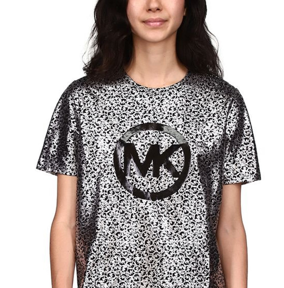 Michael Kors Women's Scatter Foil Logo T-Shirt Gray Size Petite Medium