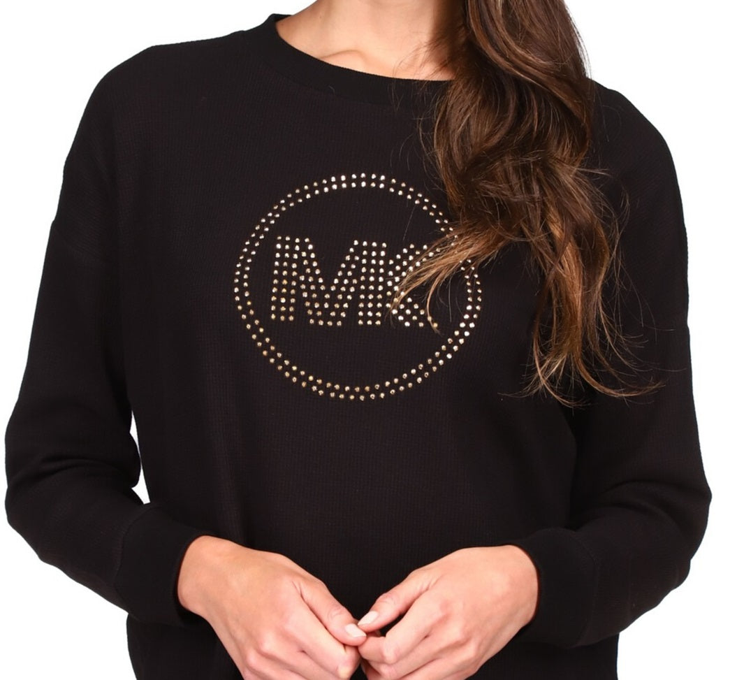 Michael Kors Women's Rhinestone Long Sleeve Top Black Size Petite Large