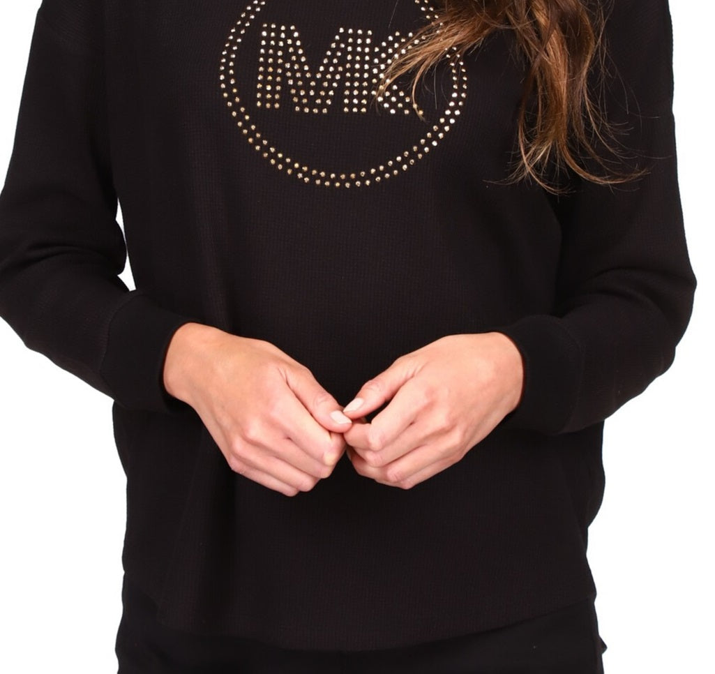 Michael Kors Women's Rhinestone Long Sleeve Top Black Size Petite Large