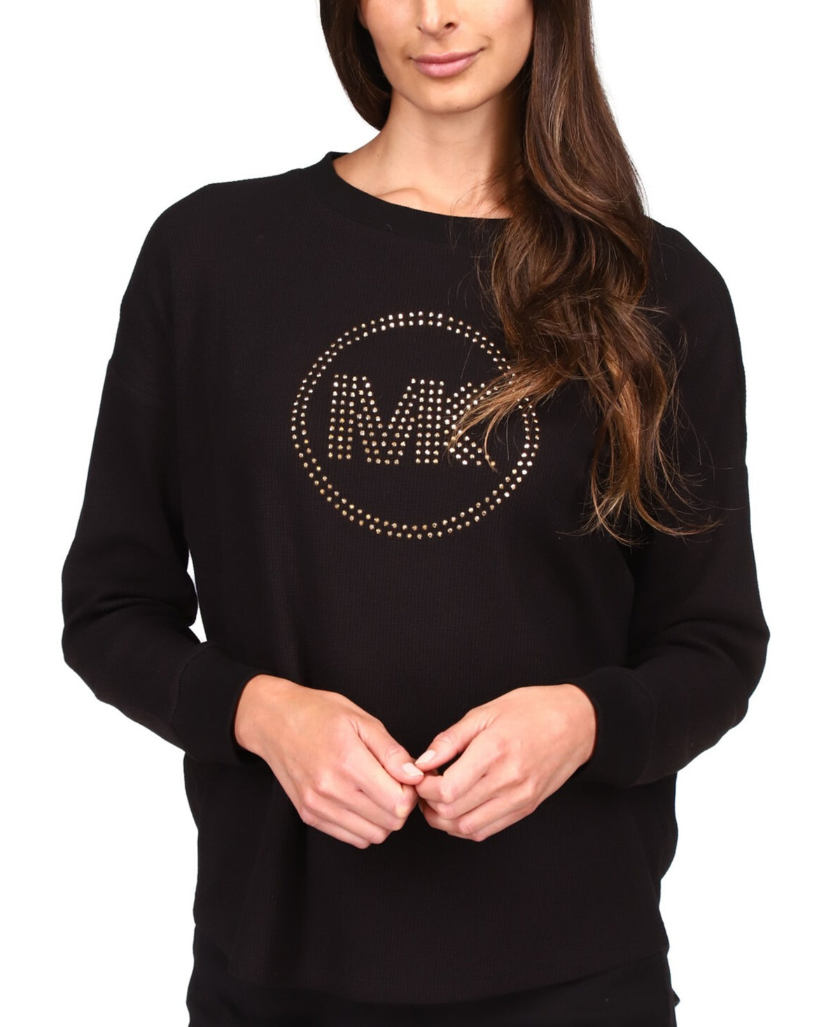 Michael Kors Women's Rhinestone Long Sleeve Top Black Size Petite Large