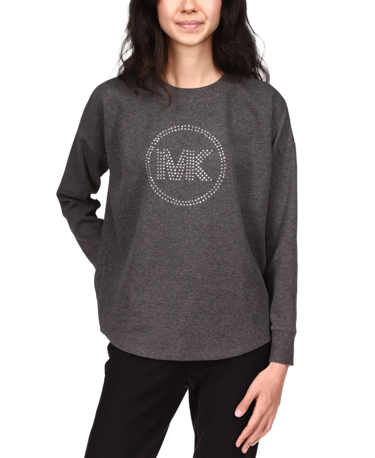 Michael Kors Women's Rhinestone Long Sleeve Top Gray Size Petite Medium