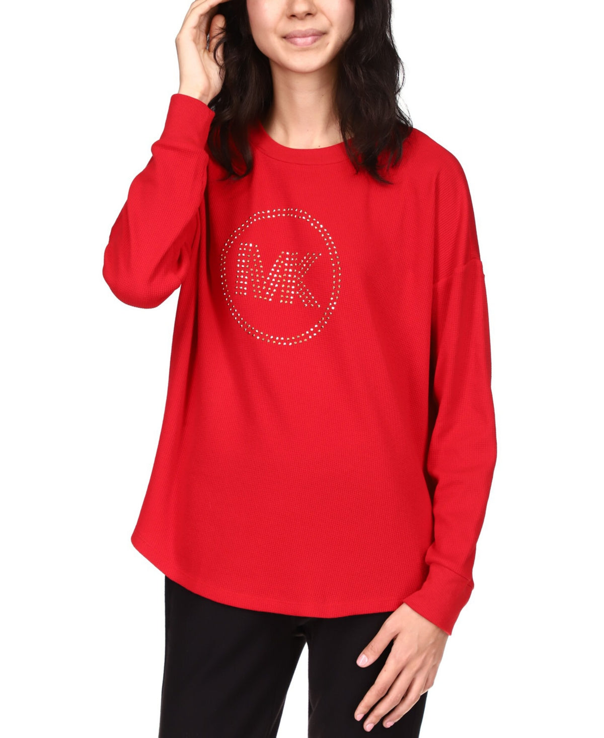 Michael Kors Women's Rhinestone Long Sleeve Top Red Size Petite Large