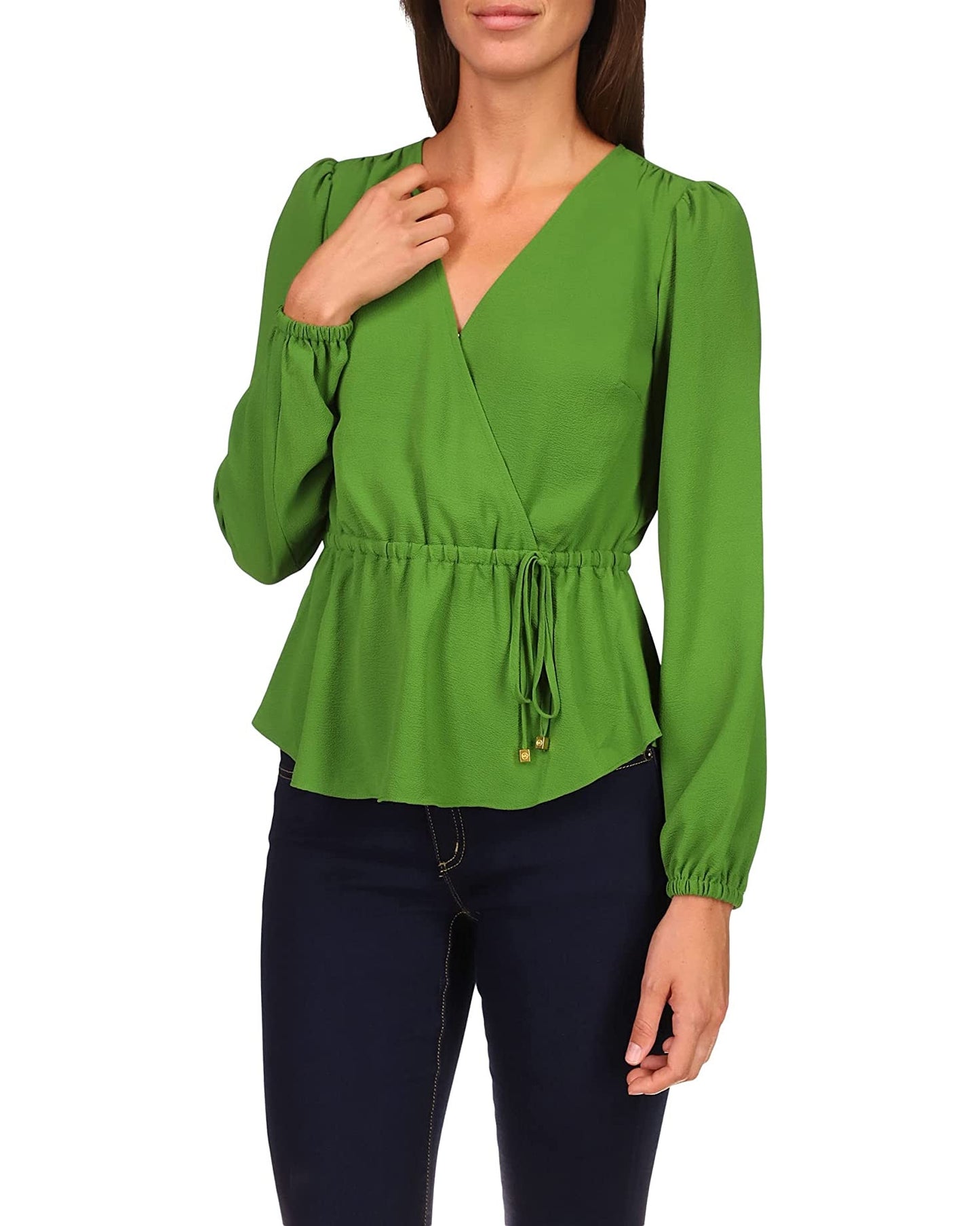 Michael Kors Women's Solid Long Sleeve Wrap Top Green Size Medium