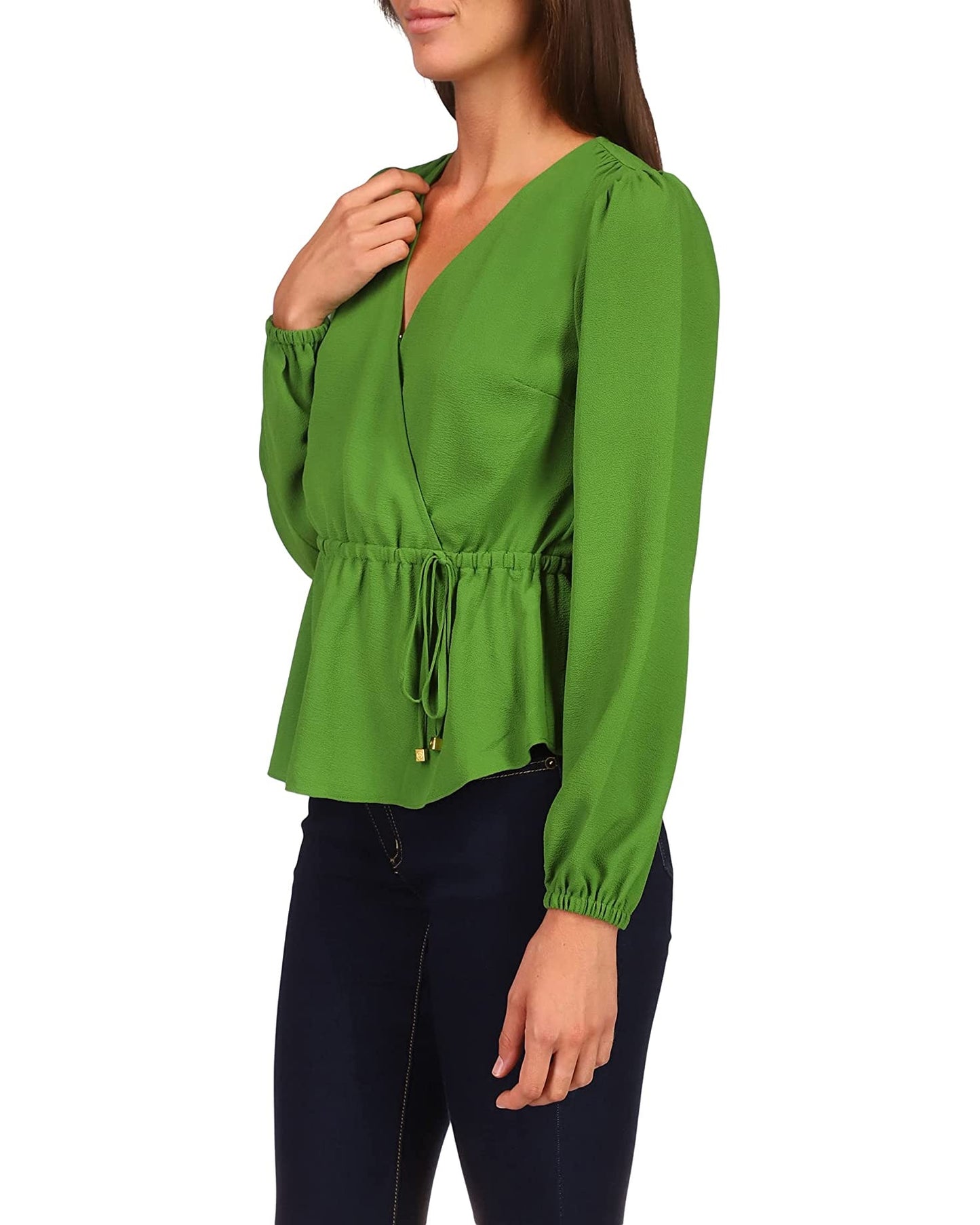 Michael Kors Women's Solid Long Sleeve Wrap Top Green Size Medium