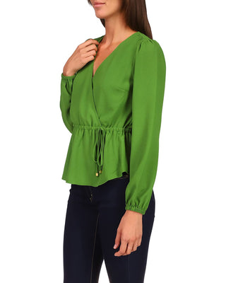 Michael Kors Women's Solid Long Sleeve Wrap Top Green Size Medium