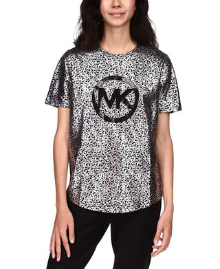 Michael Kors Women's Organic Cotton Metallic Logo Print T-Shirt Black Size Large