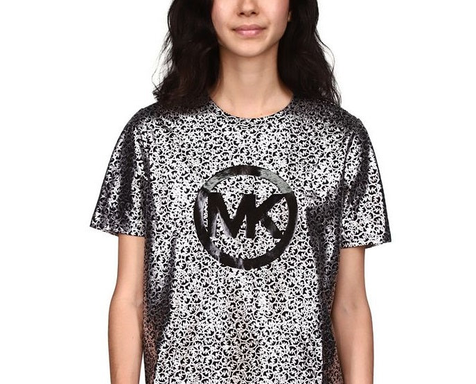 Michael Kors Women's Organic Cotton Metallic Logo Print T-Shirt Black Size Large
