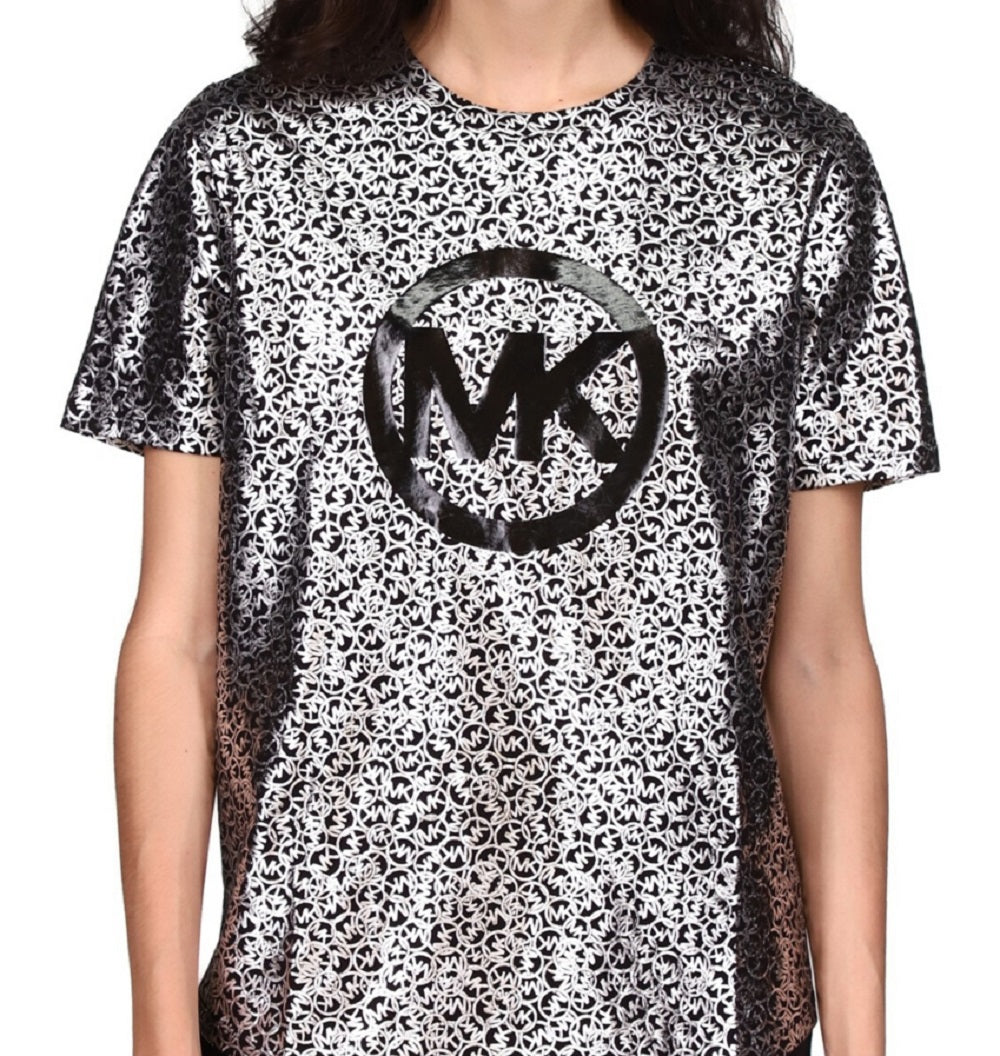 Michael Kors Women's Organic Cotton Metallic Logo Print T-Shirt Gray Size Large