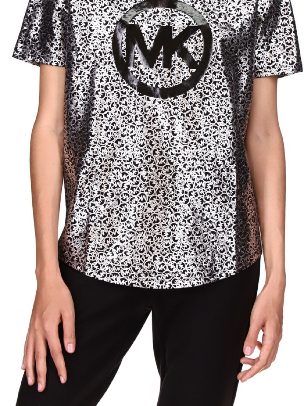 Michael Kors Women's Organic Cotton Metallic Logo Print T-Shirt Gray Size Large