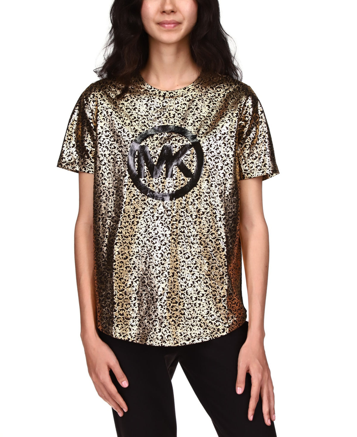 Michael Michael Kors Women's Organic Cotton Metallic Logo-Print T-Shirt Black/Gold Size XL