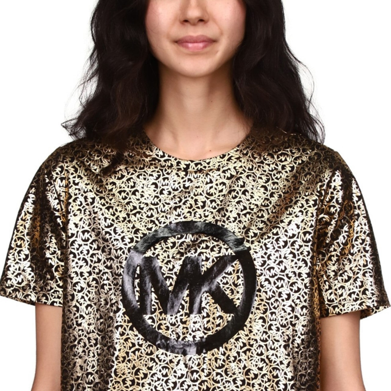 Michael Michael Kors Women's Organic Cotton Metallic Logo-Print T-Shirt Black/Gold Size XL
