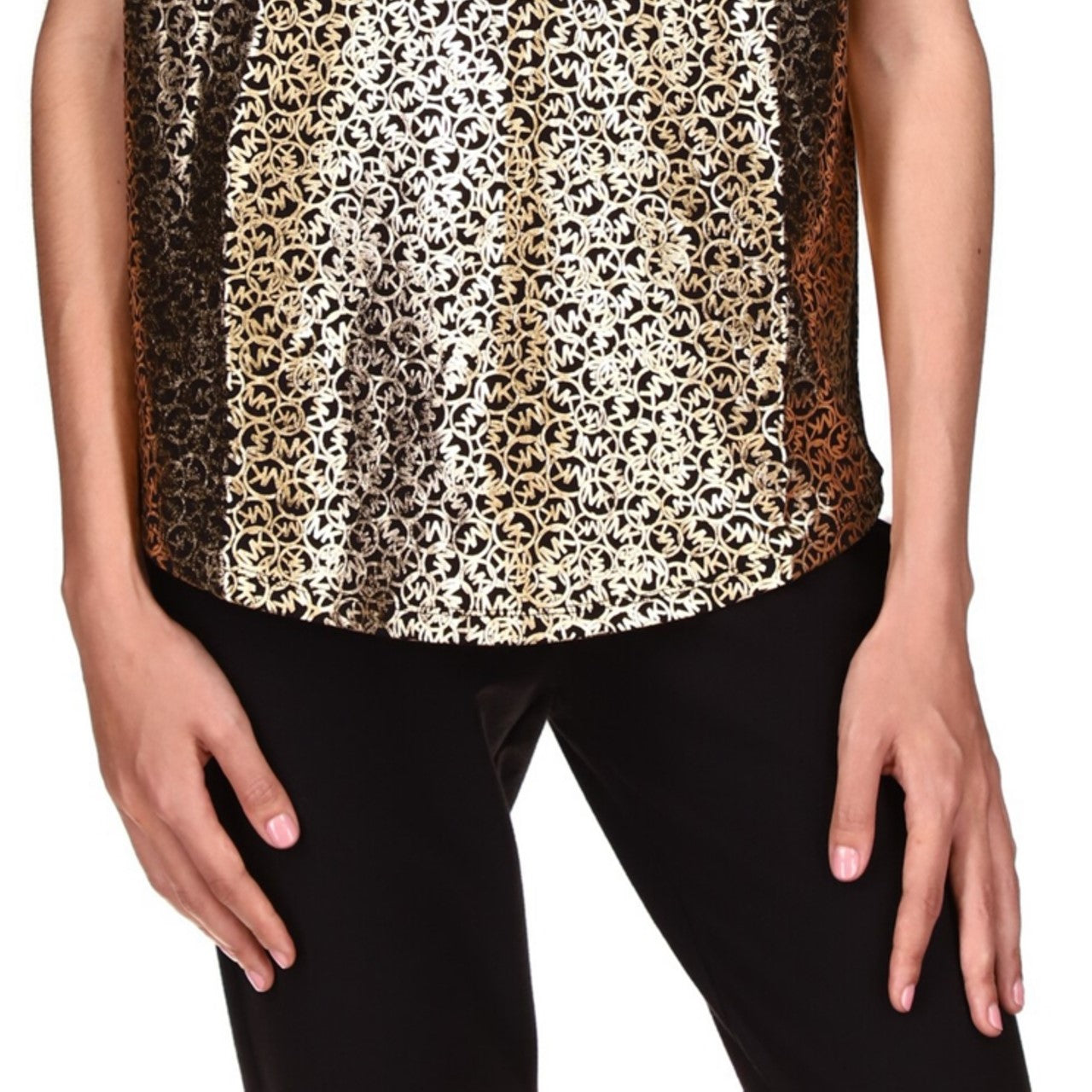 Michael Michael Kors Women's Organic Cotton Metallic Logo-Print T-Shirt Black/Gold Size XL