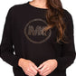 Michael Kors Women's Rhinestone Logo Waffle Knit Top Black Size Large