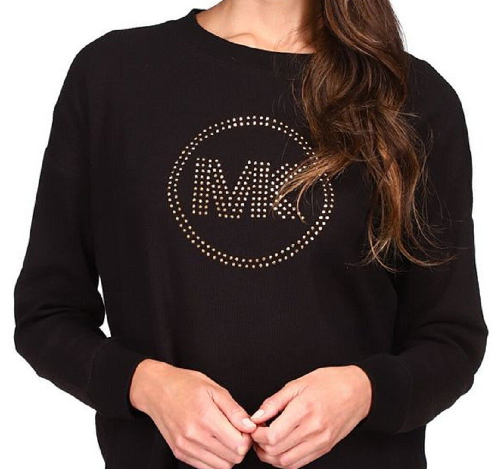 Michael Kors Women's Rhinestone Logo Waffle Knit Top Black Size Large