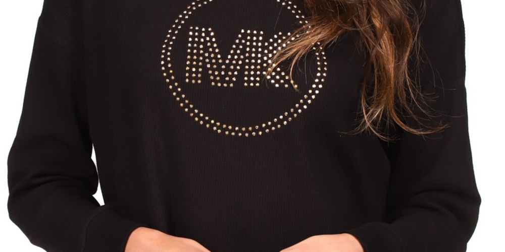 Michael Kors Women's Rhinestone Logo Waffle Knit Top Black Size Large
