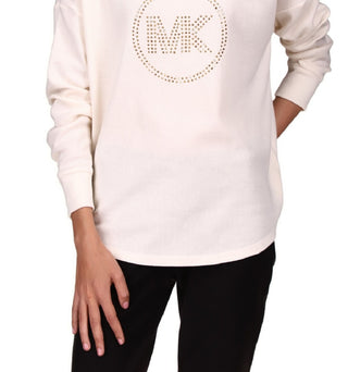 Michael Kors Women's Rhinestone Logo Waffle Knit Top White Size Large