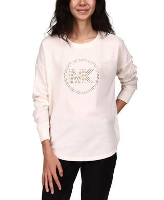 Michael Kors Women's Rhinestone Logo Waffle Knit Top White Size Large