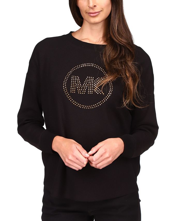 Michael Kors Women's Rhinestone Logo Waffle Knit Top Black Size Small