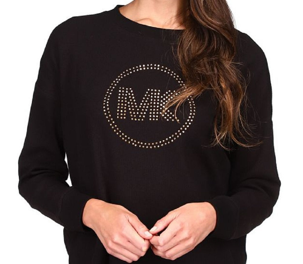 Michael Kors Women's Rhinestone Logo Waffle Knit Top Black Size Small